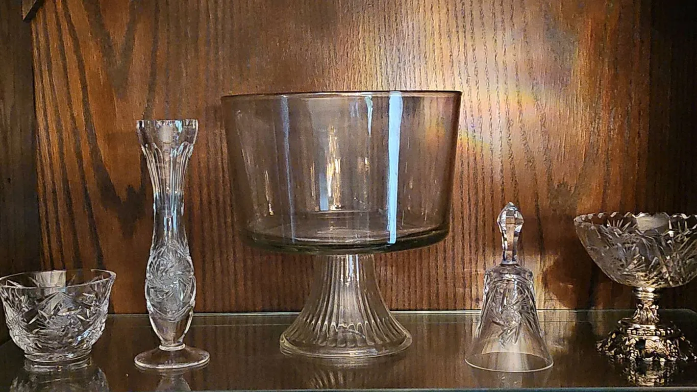 Cut Crystal and Glass Tableware Including Compote, Vase, and Bell