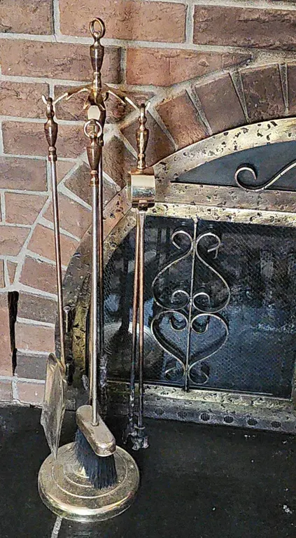 Brass Fireplace Tool Set with Stand and Four Tools