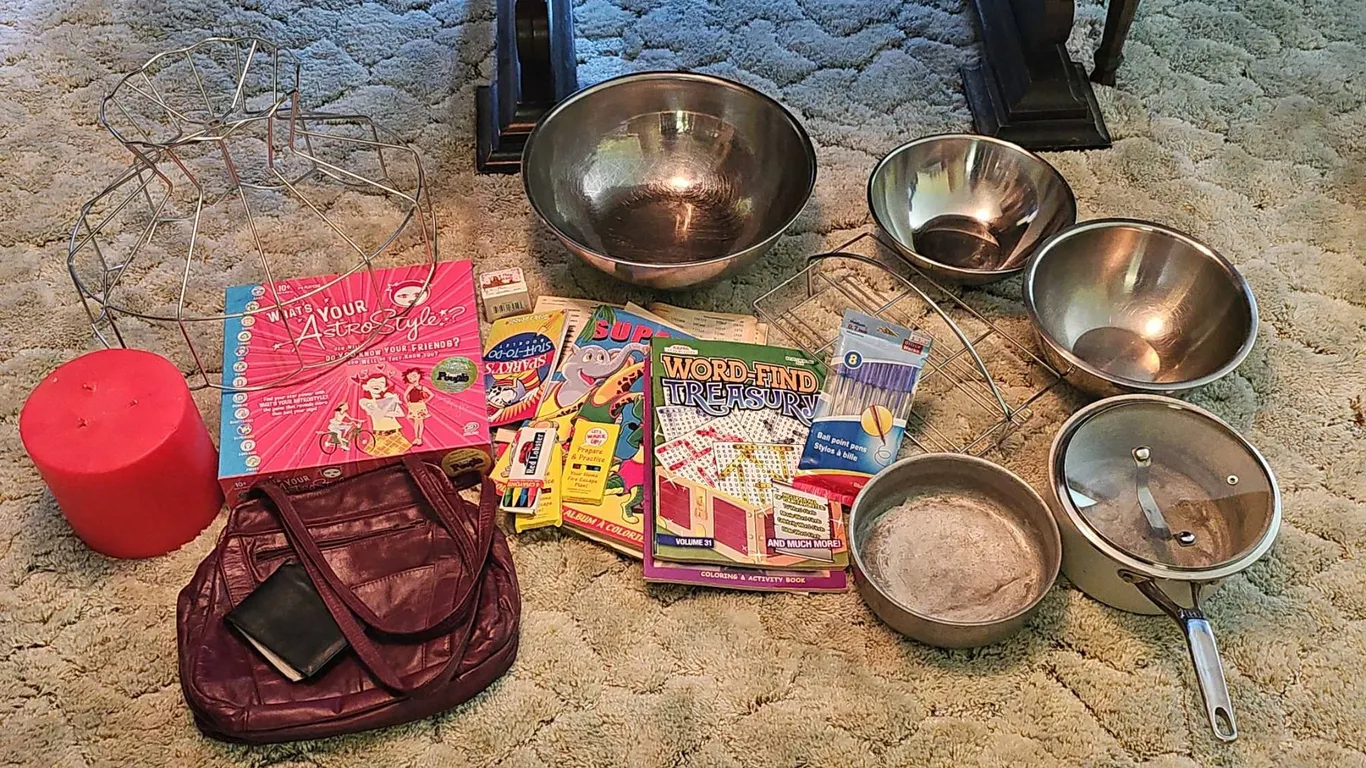 Stainless Mixing Bowls, Cookware, Wire Racks, Books, Bag and Candle