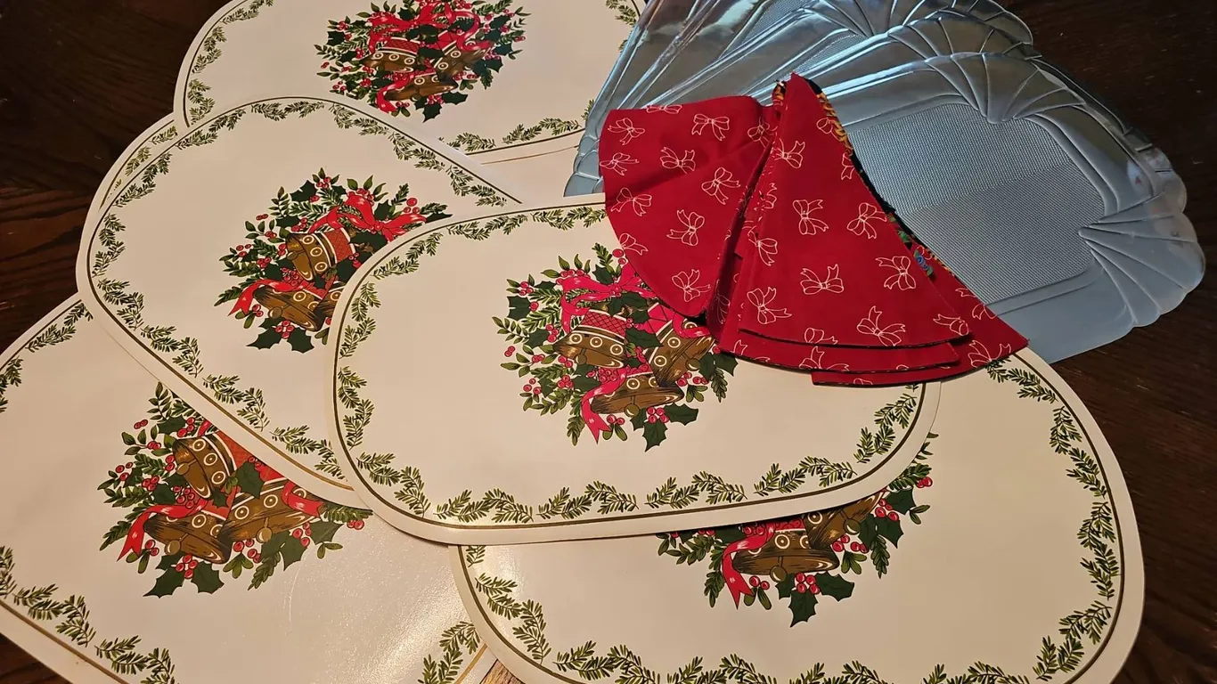 Holiday Placemats With Bells, Metal Trays, and Red Napkins Set