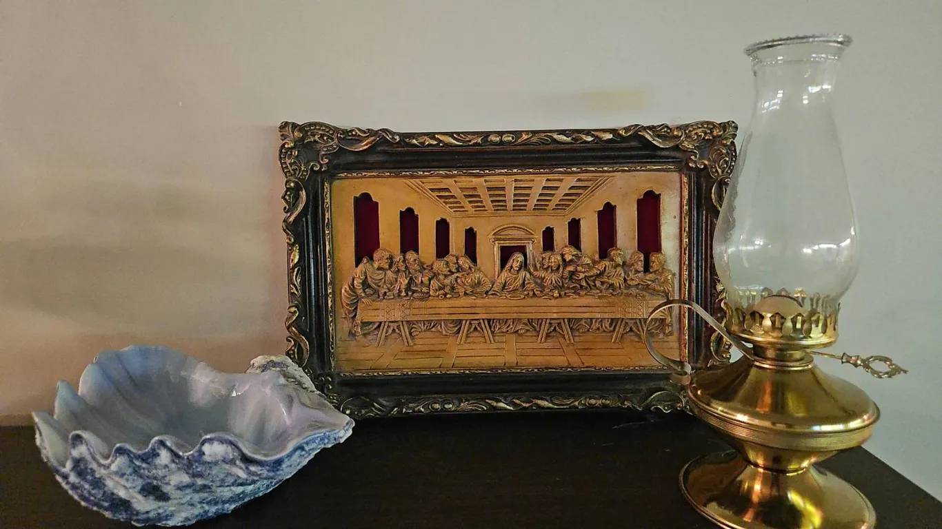 Decorative Lot with Brass Oil Lamp, Clam Shell Bowl, and Last Supper Relief
