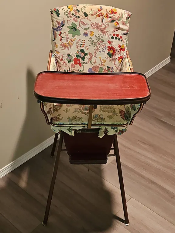 Wood and Fabric Baby High Chair with Decorative Upholstery