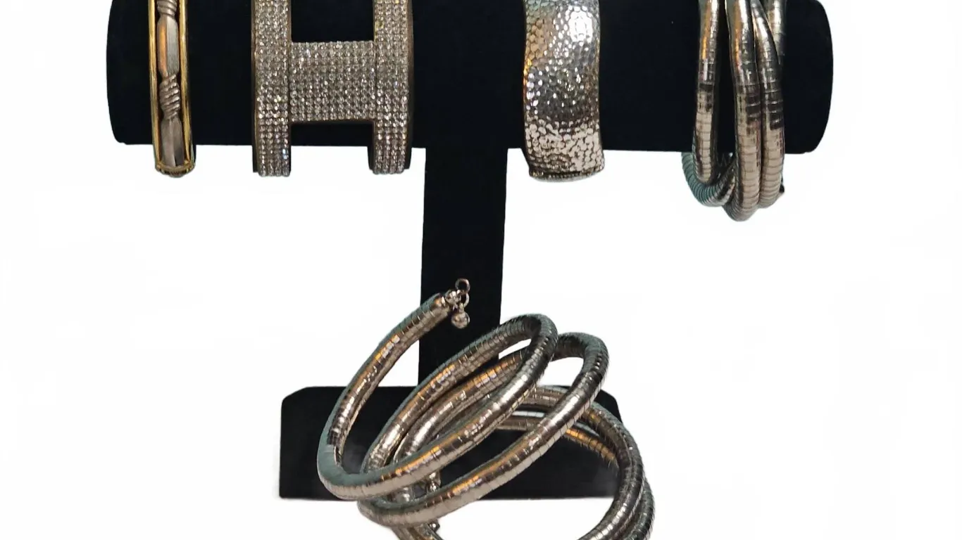 Six Mixed Metal Bangles and Cuffs Including Rhinestone and Hammered Designs