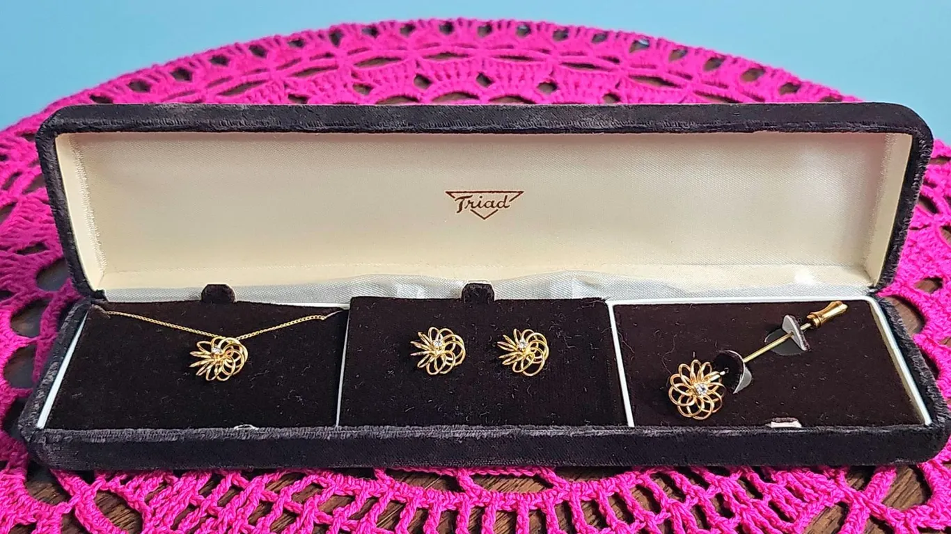 Triad Gold-Tone Jewellery Set with Pendant, Earrings, and Stick Pin