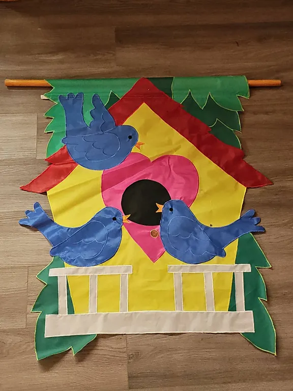 Fabric Birdhouse Wall Hanging With Three Blue Birds