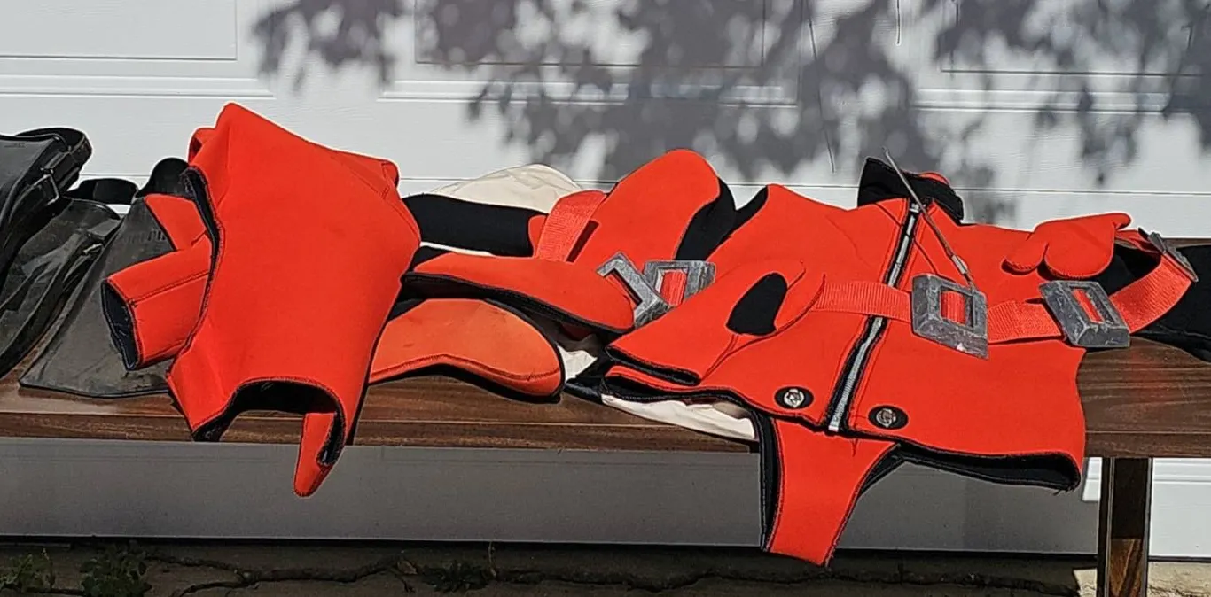 Dolphin Fins and Red Neoprene Diving Suits with Accessories