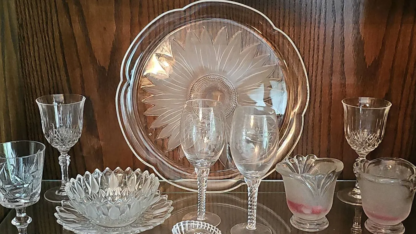 Cut and Pressed Glassware Lot Including Plates, Bowls, and Stemware