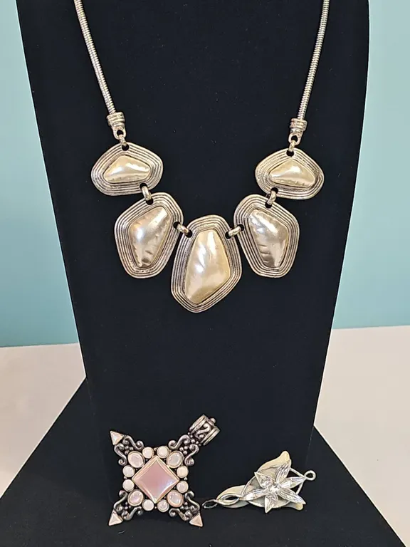 Silver-Tone Statement Necklace and Two Brooch Pendants