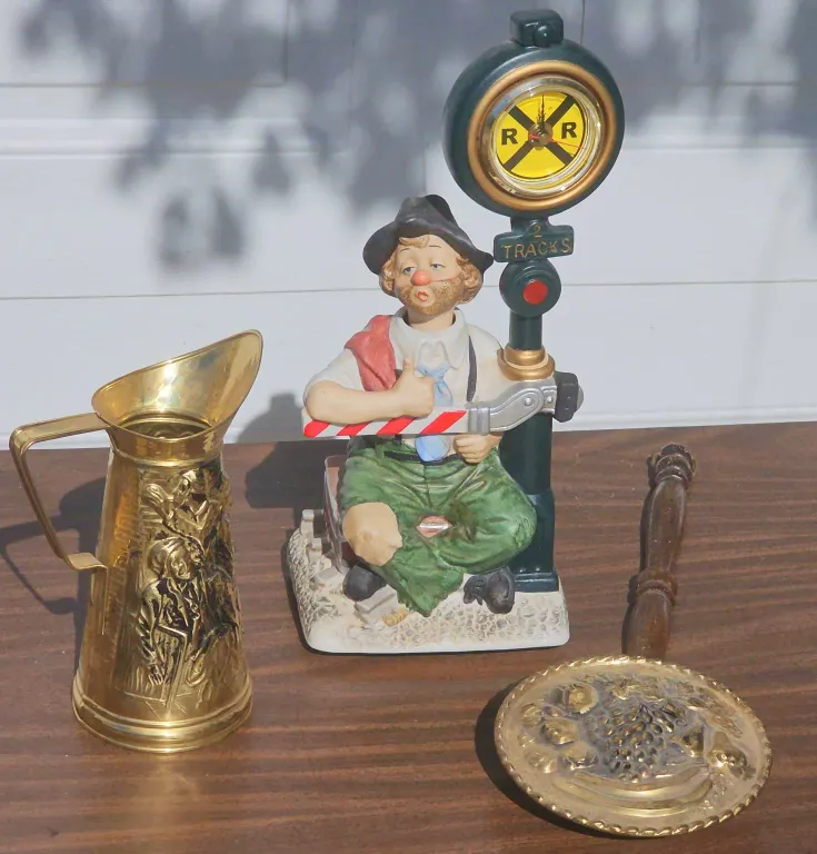 3: Melody in Motion Clown Figurine, Brass Jug, and Brass Bed Warmer