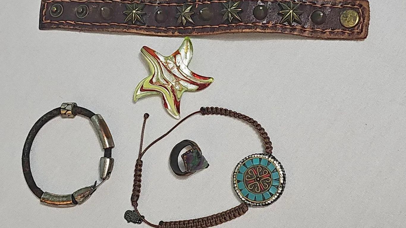 Costume Jewellery Lot: Bracelet, Ring, Pendant, Leather Wristband