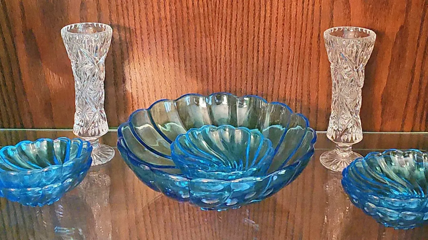 3 Blue Swirl Glass Bowls and 2 Cut Glass Vases
