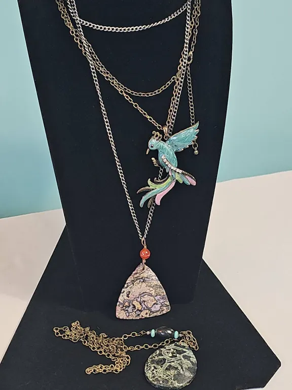 Costume Jewelry Lot with Bird Pendant and Stone Necklaces