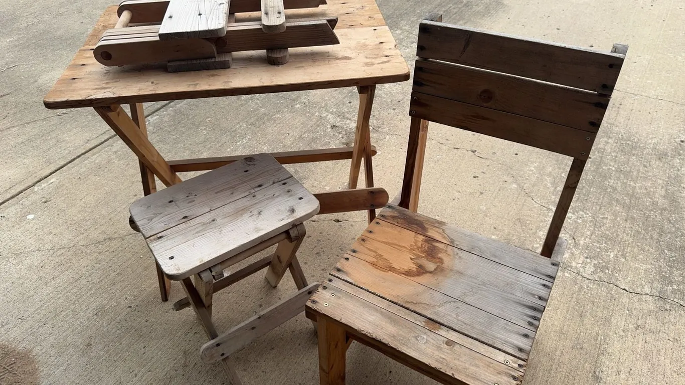 Handcrafted Wooden Furniture Including Two Chairs, Folding Table, and Sled