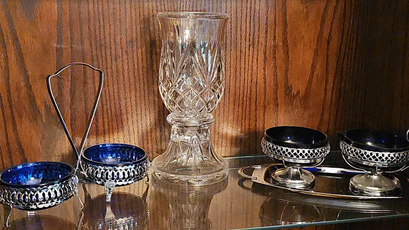 Crystal Vase and Cobalt Blue Glass Dishes with Silver Holders