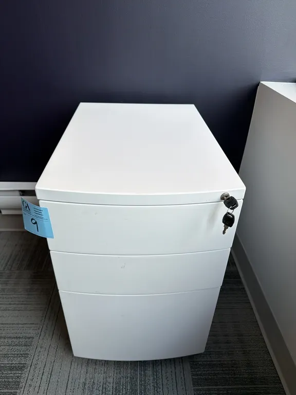 Filing cabinet on wheels with key, 15.5” wide x 22.5” deep x 25” tall