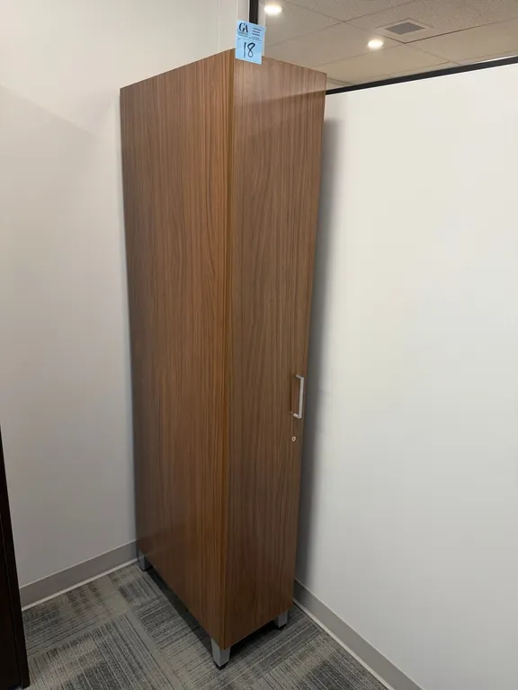 Tall Walnut Finish Wardrobe / Storage Cabinet with Door, Coat Rod & Shelves. 6’ x 2’ x 1’