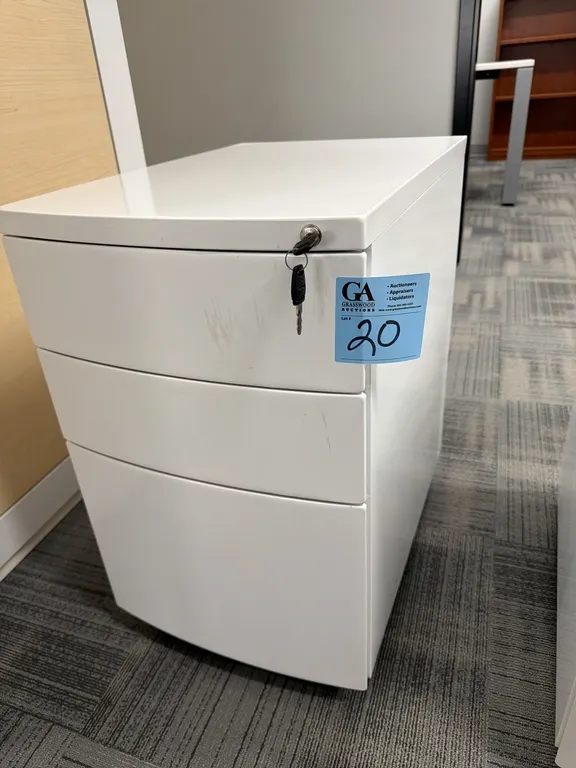 Filing cabinet on wheels with key, 15.5” wide x 22.5” deep x 25” tall