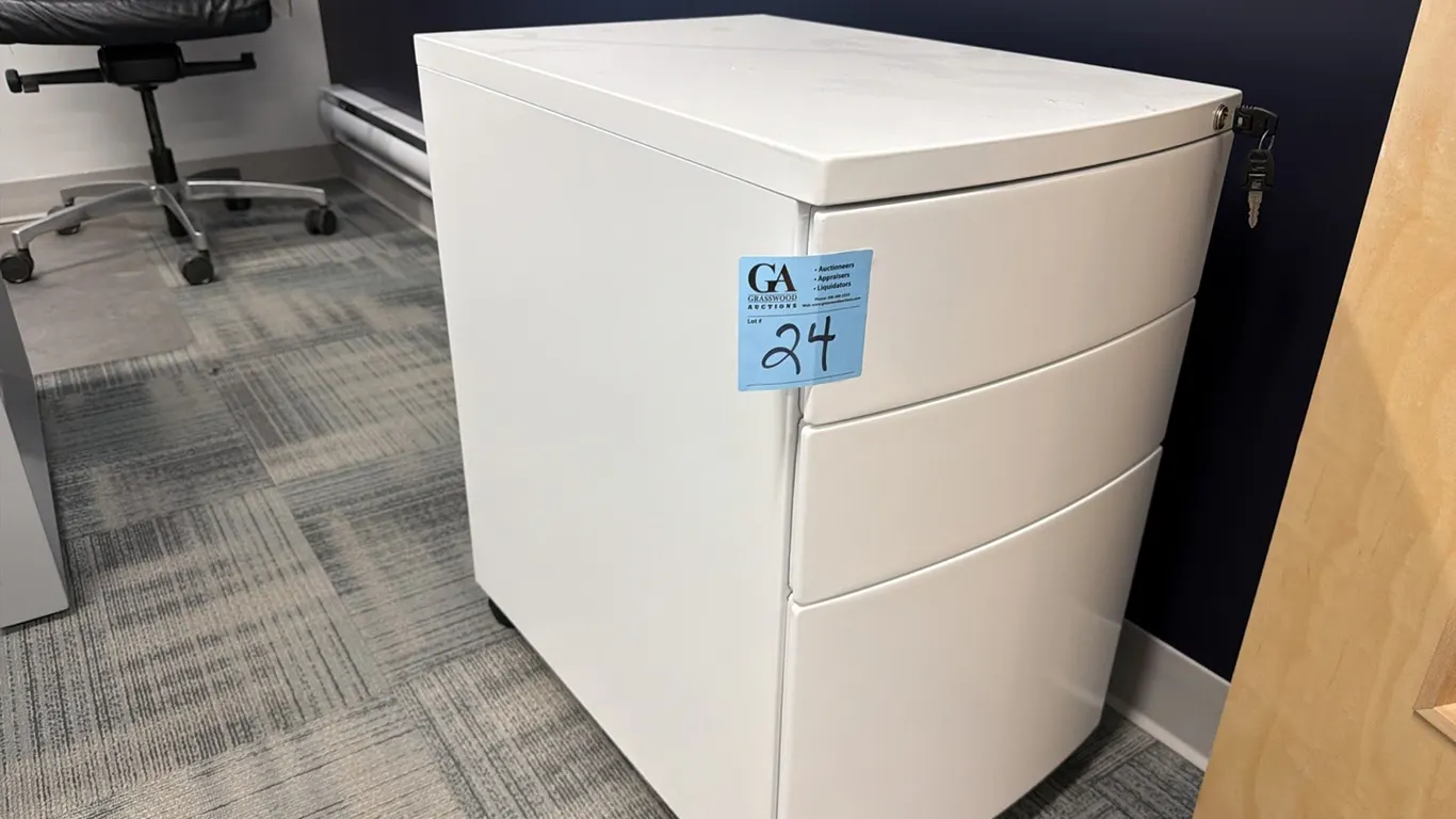 Filing cabinet on wheels with key, 15.5” wide x 22.5” deep x 25” tall