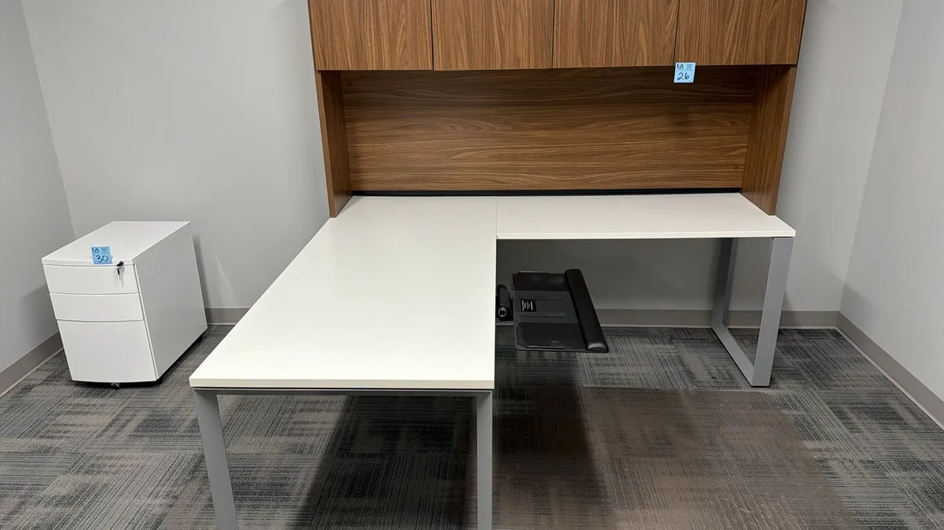 Allsteel Terrace L-Shaped Office Workstation, 77”x71”, white laminate, metal legs, plus walnut finish hutch cupboard, adjustable keyboard tray