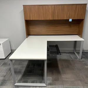 Allsteel Terrace L-Shaped Office Workstation, 77”x71”, white laminate, metal legs, plus walnut finish hutch cupboard, adjustable keyboard tray