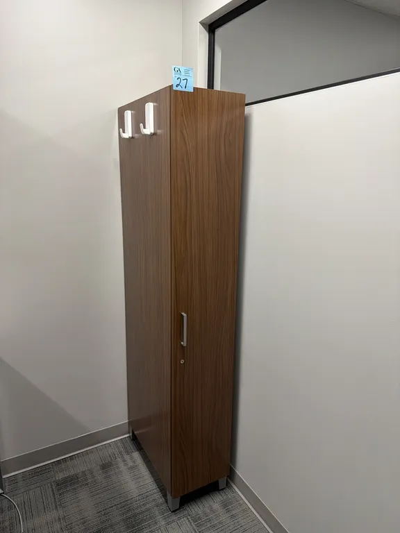 Tall Walnut Finish Wardrobe / Storage Cabinet with Door, Coat Rod & Shelves. 6’ x 2’ x 1’