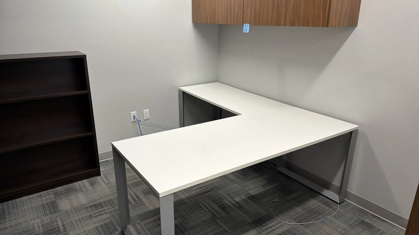 Allsteel Terrace L-Shaped Office Workstation, 77”x71”, white laminate, metal legs, plus walnut finish wall-mounted hutch cupboard, adjustable keyboard