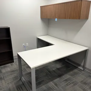 Allsteel Terrace L-Shaped Office Workstation, 77”x71”, white laminate, metal legs, plus walnut finish wall-mounted hutch cupboard, adjustable keyboard