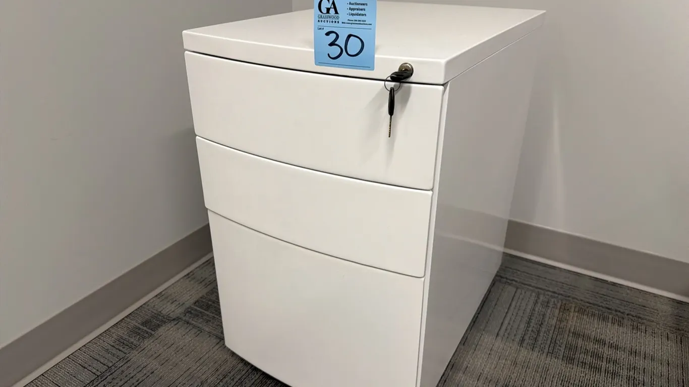 Filing cabinet on wheels with key, 15.5” wide x 22.5” deep x 25” tall