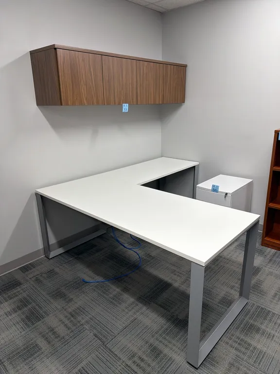 Allsteel Terrace L-Shaped Office Workstation, 77”x71”, white laminate, metal legs, plus walnut finish wall-mounted hutch cupboard, adjustable keyboard