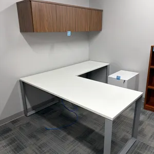 Allsteel Terrace L-Shaped Office Workstation, 77”x71”, white laminate, metal legs, plus walnut finish wall-mounted hutch cupboard, adjustable keyboard