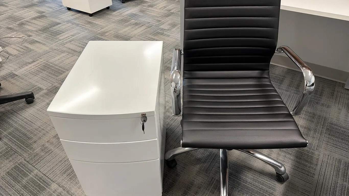 Filing Cabinet & Black faux leather w chrome office chair