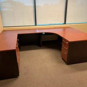 U-shaped Executive modular office desk workstation, 10”x6.5’, cherry finish, with 2 horizontal file drawers and 3 drawer pedestal, has keys
