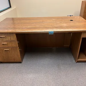 traditional wooden office desk 74”x37”, oak finish, 3 drawer pedestal, has key