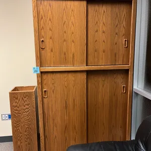 cabinet shelving unit 48”x25”x83”with 4 sliding doors, oak finish, and plant stand(?)11.5”x11.5”x40”
