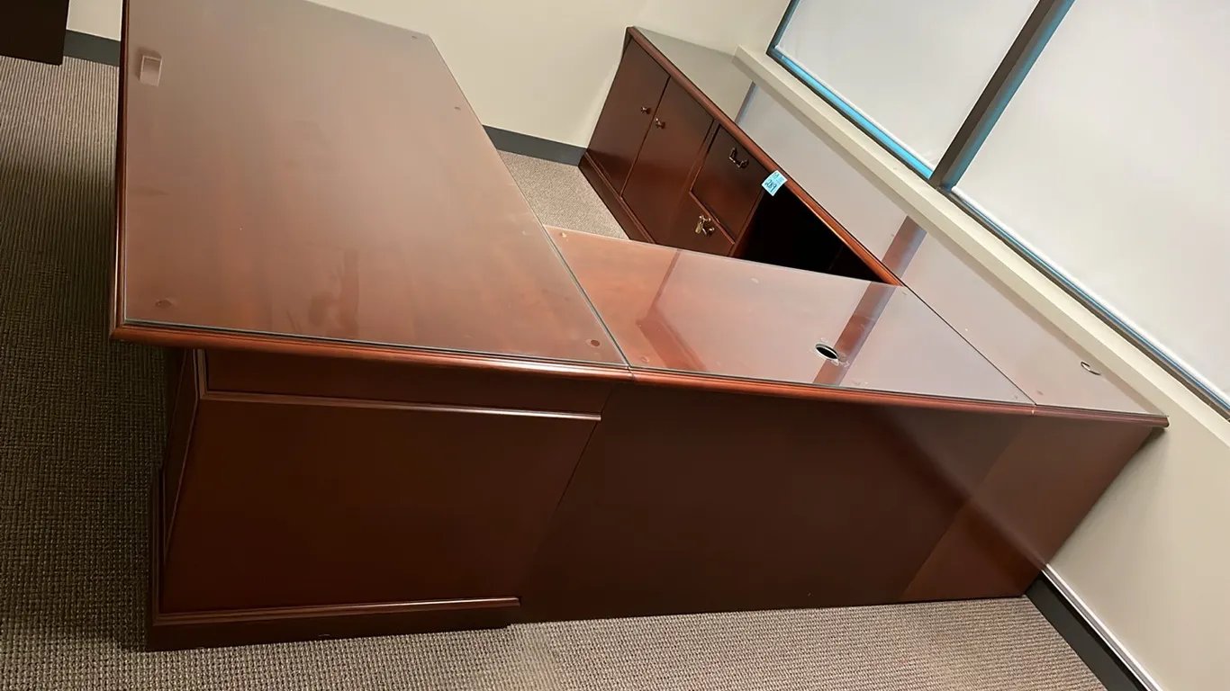 Executive U-shaped Office Desk with glass overlay and 2 pedestals, 9’1”x9’4”, 3 pieces, deep cherry finish