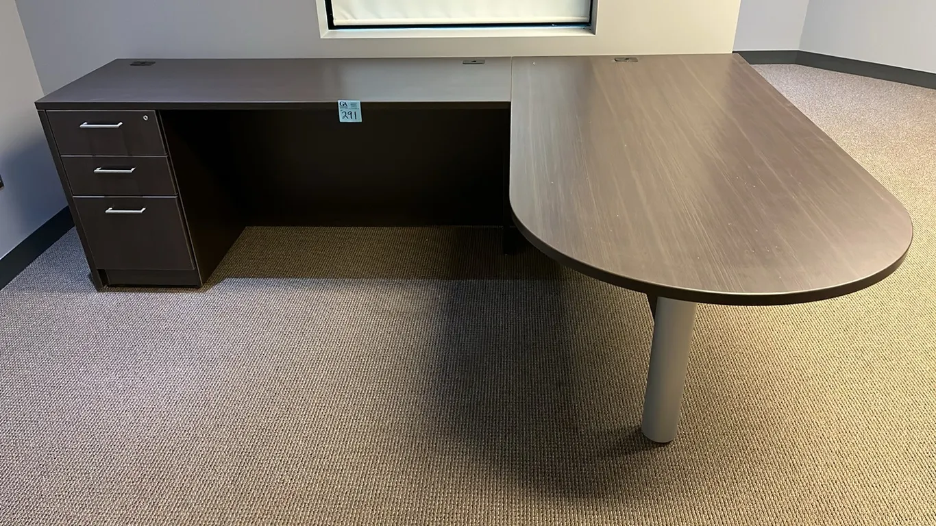 CWI Creative Wood Interiors L-shaped office desk 8.5’ x6’ with 3-drawer pedestal, dark finish