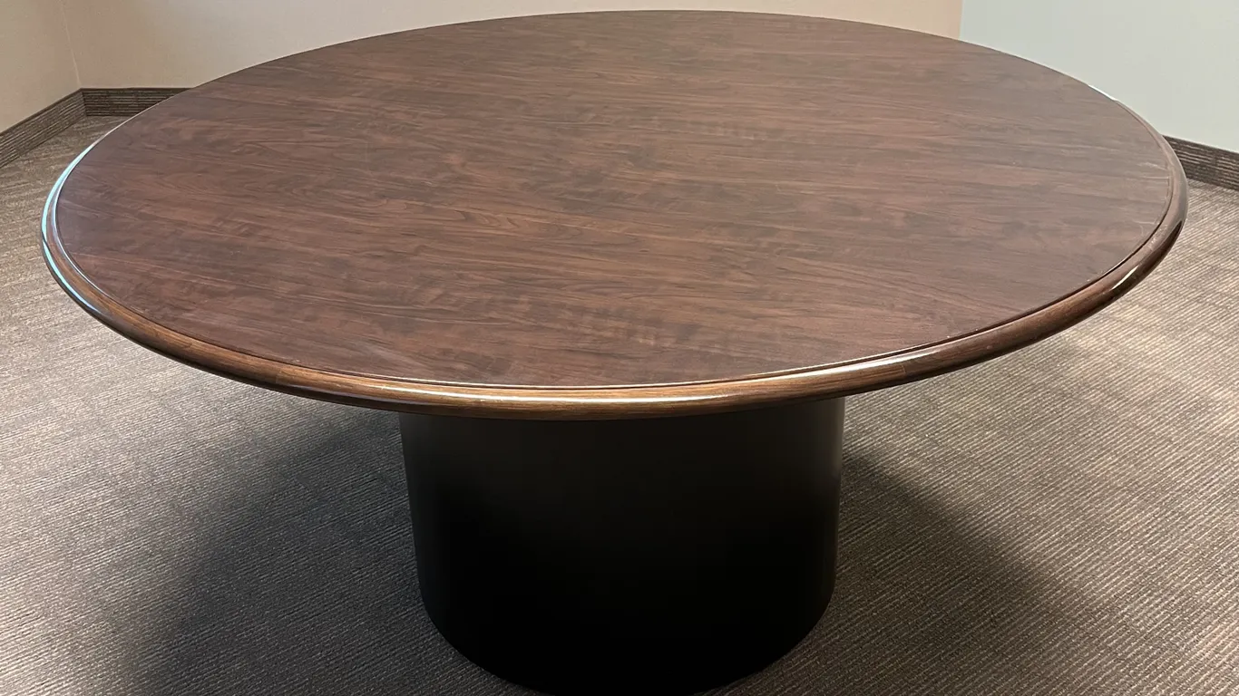 Round Office Table, 5’ diameter, 30” height, dark finish, single pedestal base