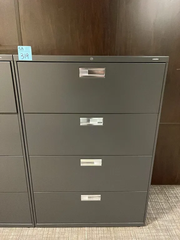 HON steel grey horizontal 4-drawer metal filing cabinet 36”x19”x53”, no key