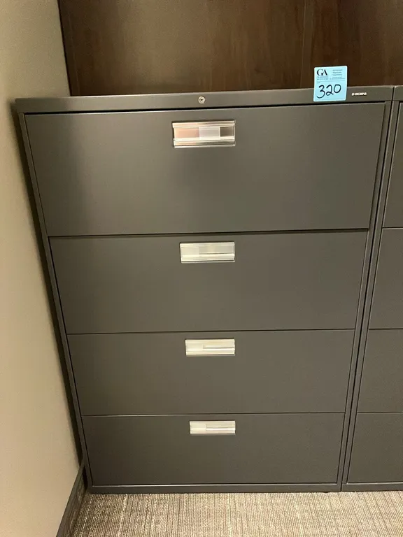 HON steel grey horizontal 4-drawer metal filing cabinet 36”x19”x53”, no key