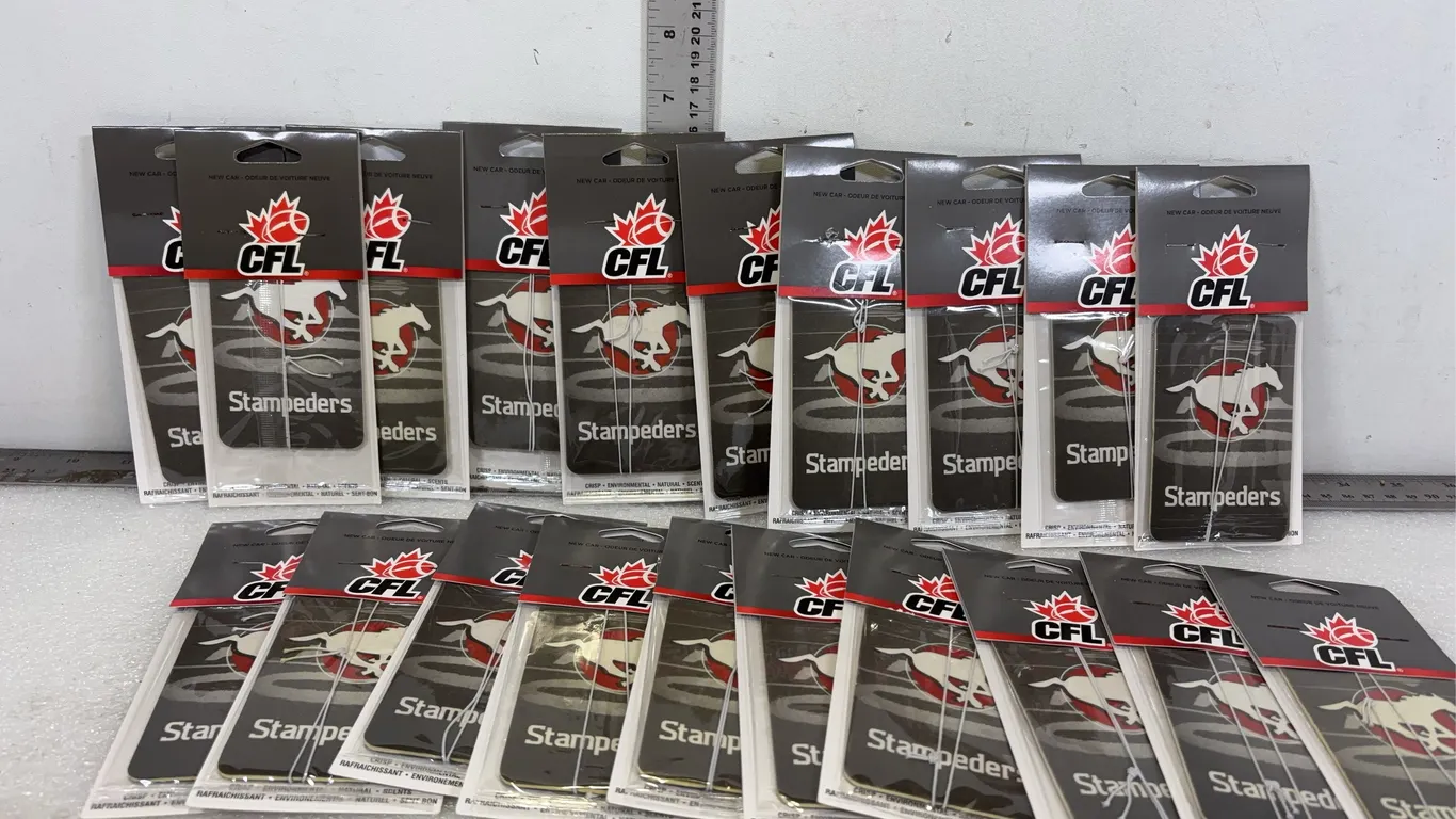 Cens CFL Calgary Stampeders Air Fresheners, Approx 8 boxes, Approx 20 Per Box, Approx 6 1/2"x3"x3", *Unreserved*