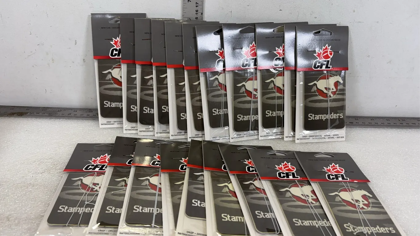 Cens CFL Calgary Stampeders Air Fresheners, Approx 8 boxes, Approx 20 Per Box, Approx 6 1/2"x3"x3", *Unreserved*