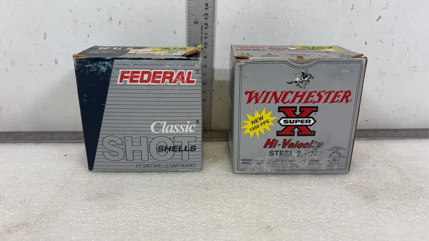 Box of Winchester Hi Velocity Super X 12 Gauge Shotgun Shells, 3", #3 Steel Shot, 25 Shells and Box of Federal Classic Steel Hi Brass 12 Gauge Sho
