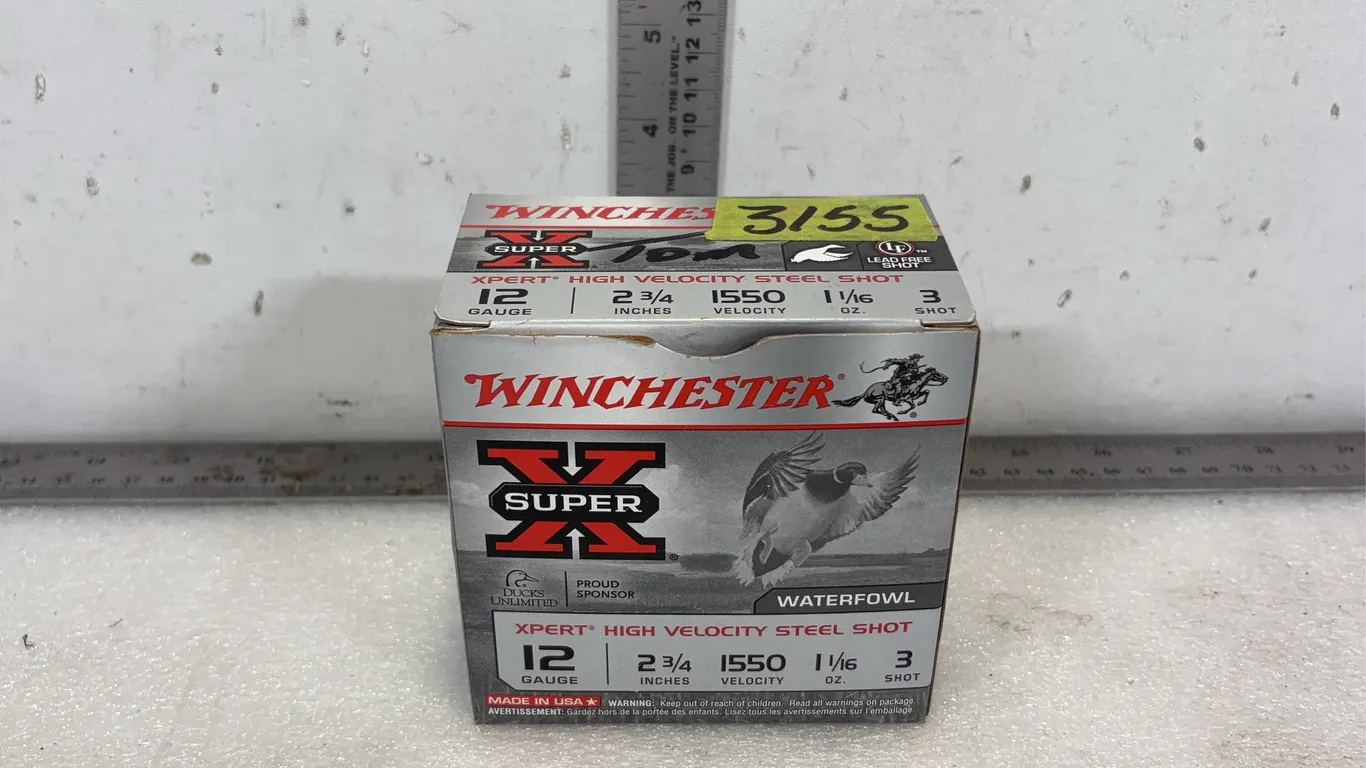 Box of Winchester Super X 12 Gauge Shotgun Shells, 2 3/4", 3 Shot, 25 Shells in Box, approx. Dimensions of Box 4 1/4" x 4 1/4" x 2 1/2"
