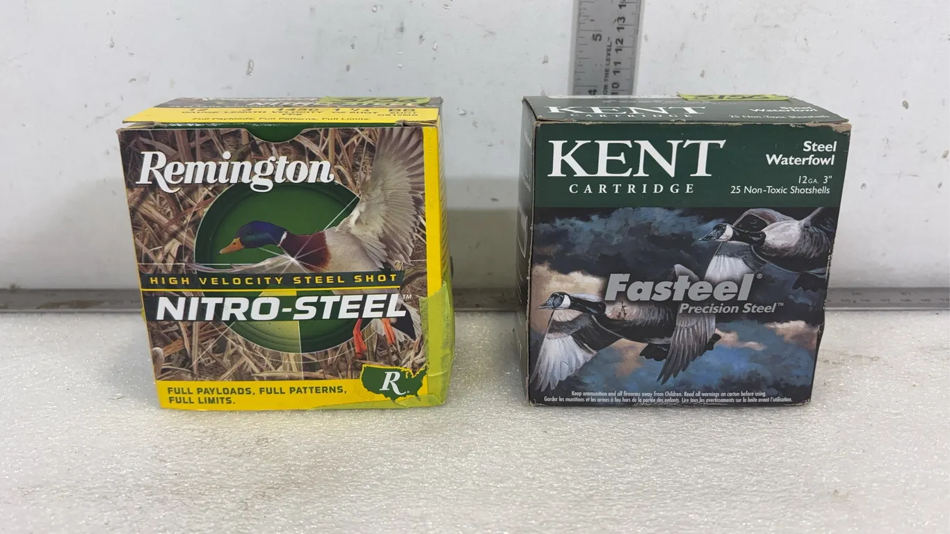 Box of Remington High Velocity Nitro Steel 12 Gauge Shotgun Shells, 3", 1 1/4 Shot, 25 Shells and Box of Kent Cartridge Steel Waterfowl 12 Gauge S
