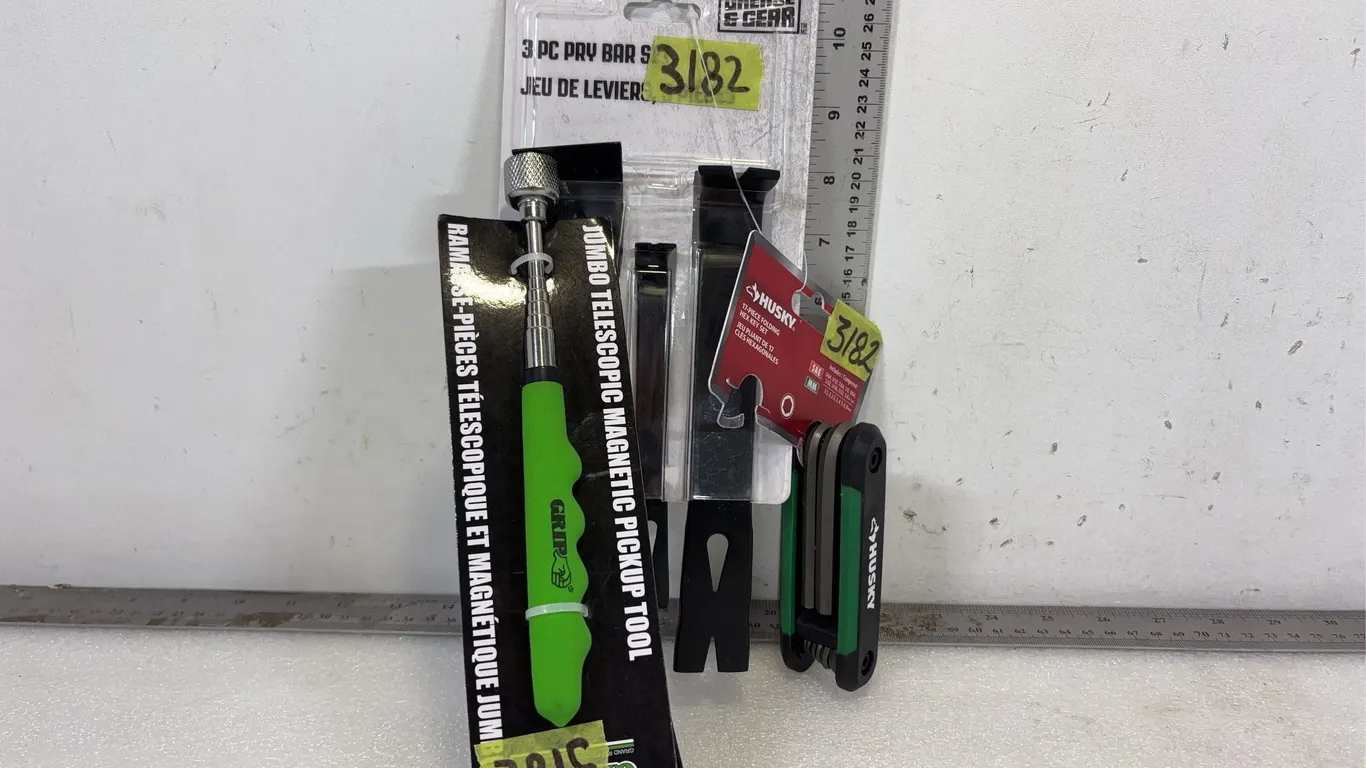 Grease and Gear 3 pce Pry Bar Set Inclues 6", 8", 10" Pry Bars, Grip Brand Jumbo Telescopic Magnetic Pickup Tool Extendable from 7" to