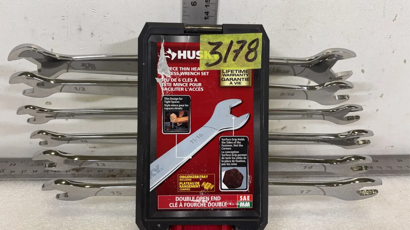 Husky 6 pce Thin Head Wrench Set, Thin Design for Tight Spaces, Double Open End, Includes 5/8, 1/2, 3/8, 10/12, 13/14, 15/17, approx. Overall Dimensio
