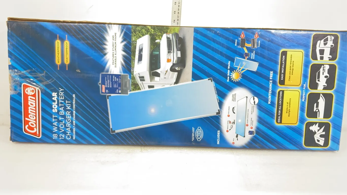 Coleman 18 Watt Solar 12V Battery Charging Kit/Panel, Includes Wire, Batery Clamps, Wire Adapter, aluminum Frame, 7 AMP Controller, approx. Dimensions