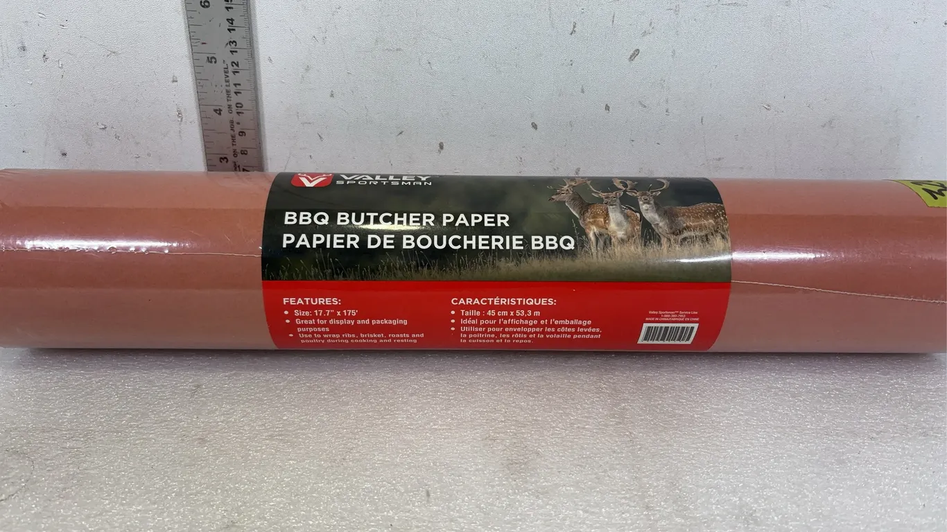 Roll of Valley Sportsman BBQ Butcher Paper, approx. Dimensions of Paper 17.7" x 175ft, approx. Dimension of Package 18" x 3 1/2" *Unreserv