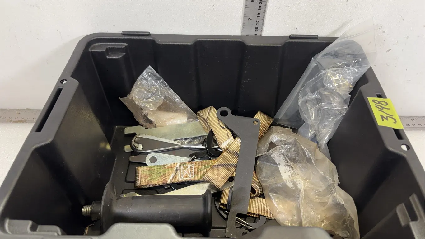 Box of Assorted Items Including Bag of Adhesive Wheel Balancing Weights for Balancing Tires, 3 x Nylon Straps with Carabiner, 1 x Nylon Strap with S H