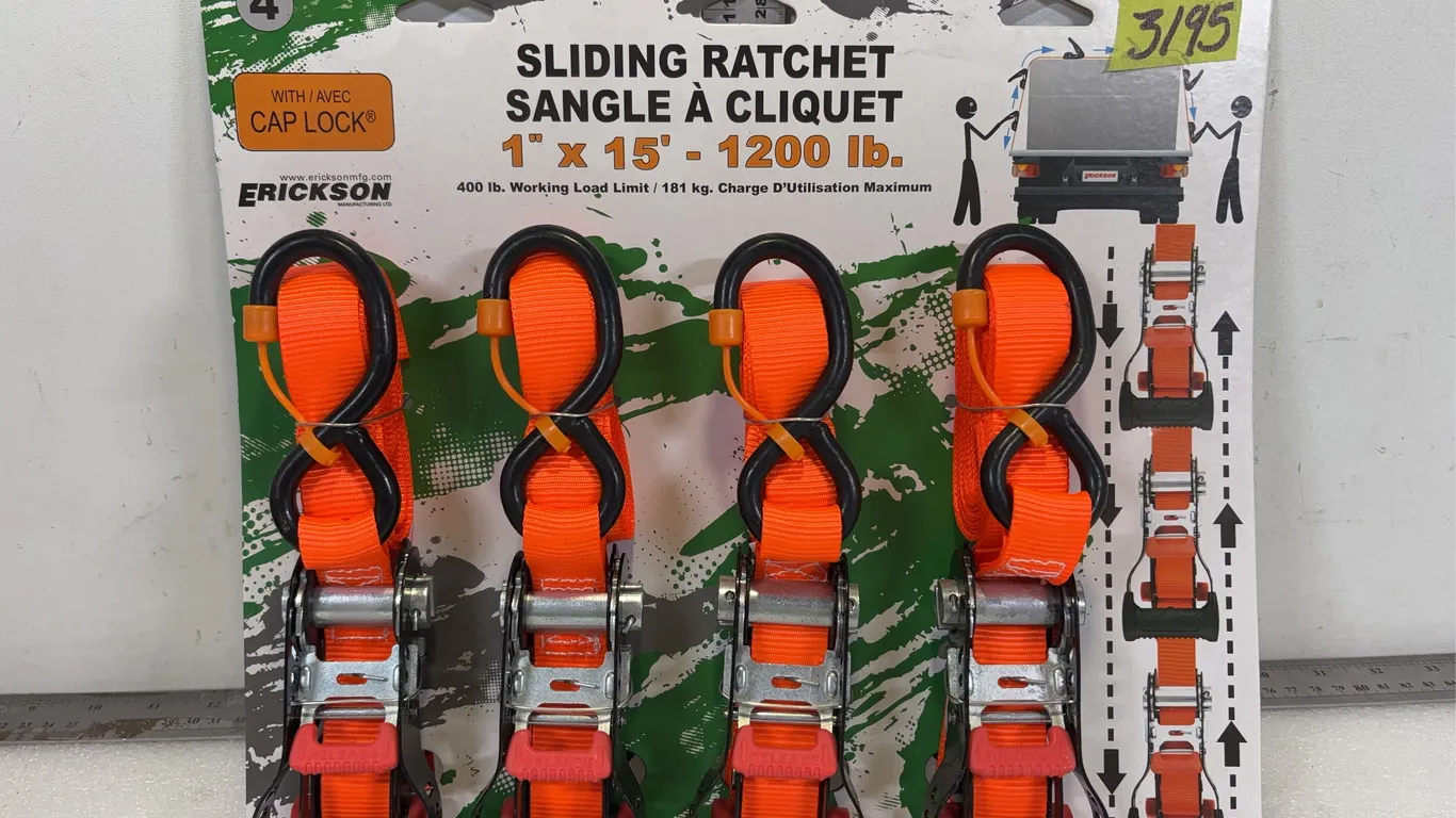 Erickson Sliding Ratchet 4 pce Set, 1" x 15ft x 1200lbs with Cap Lock, approx. Dimensions of Package 14 1/2" x 12 1/2" x 2" *Unreserve